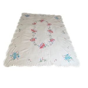 Vintage Bright Cheery Embroidered Cross Stitch Tablecloth